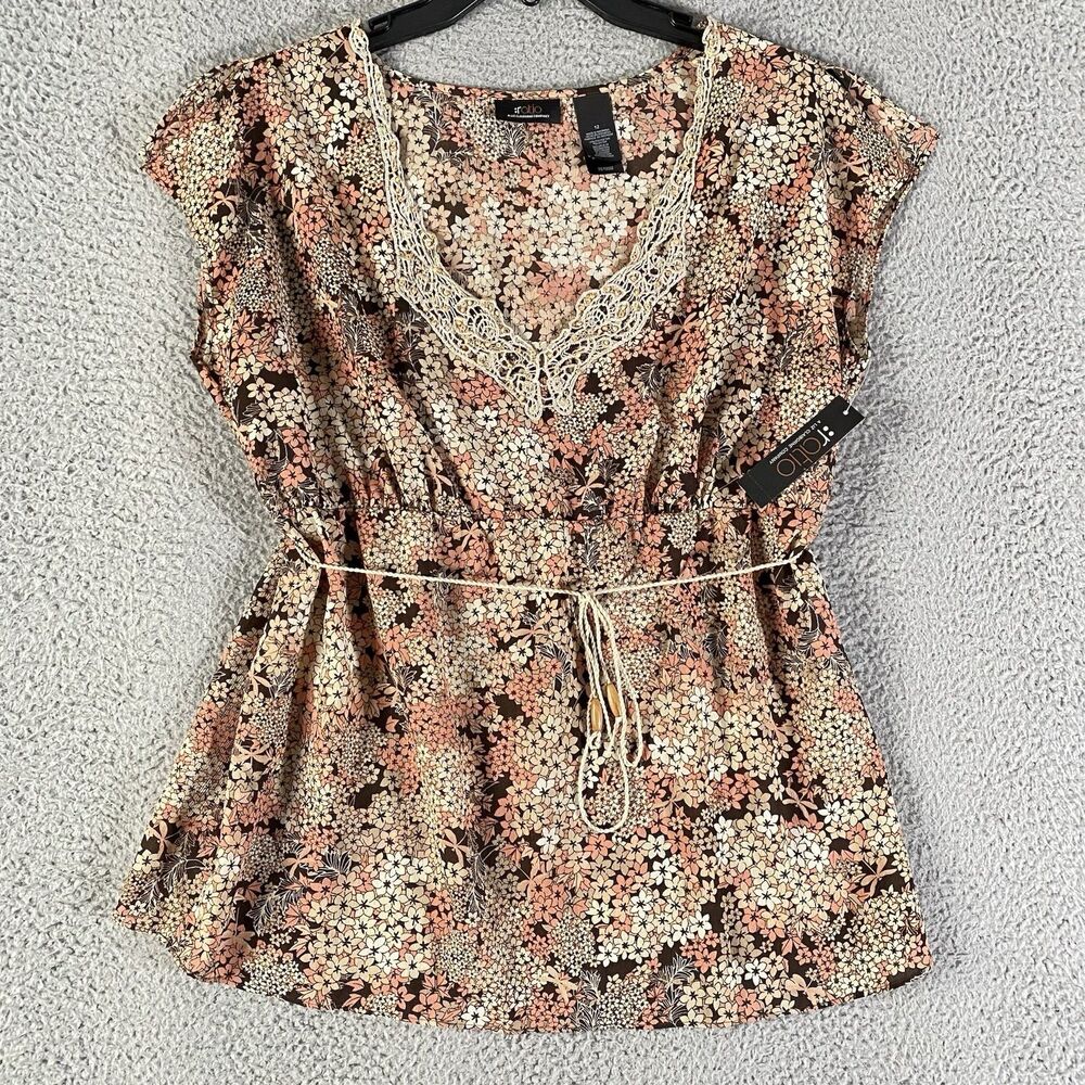 Ratio Top Womens 12 Brown Pink Floral Sequin Y2K Babydoll Forest Fairy Cottage
